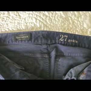 JCrew curduroy toothpick pants in dark blue.